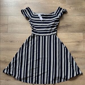 LOFT Navy and White Striped One-Shoulder Fit-and-Flare Dress